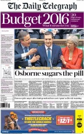 The Daily Telegraph () Newspaper Front Page for 17 March 2016
