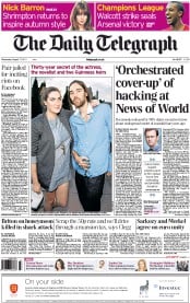 The Daily Telegraph () Newspaper Front Page for 17 August 2011