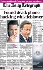 The Daily Telegraph () Newspaper Front Page for 19 July 2011
