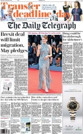 The Daily Telegraph () Newspaper Front Page for 1 September 2016