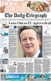 The Daily Telegraph () Newspaper Front Page for 20 February 2016