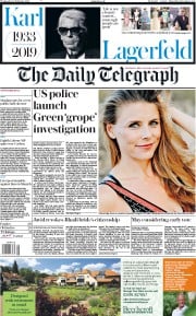 The Daily Telegraph () Newspaper Front Page for 20 February 2019