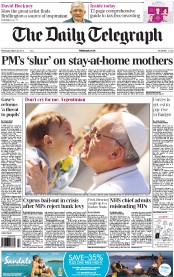 The Daily Telegraph () Newspaper Front Page for 20 March 2013