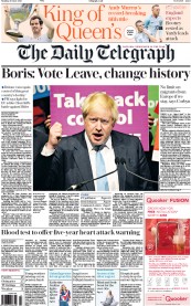 The Daily Telegraph () Newspaper Front Page for 20 June 2016