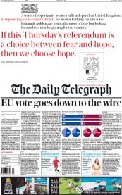 The Daily Telegraph () Newspaper Front Page for 21 June 2016