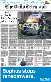 The Daily Telegraph () Newspaper Front Page for 22 March 2021