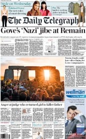 The Daily Telegraph () Newspaper Front Page for 22 June 2016