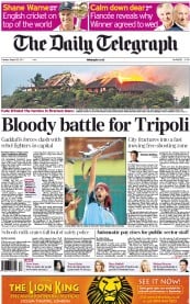 The Daily Telegraph () Newspaper Front Page for 23 August 2011