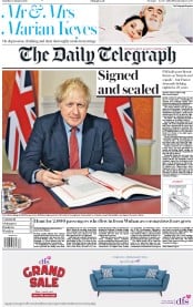 The Daily Telegraph () Newspaper Front Page for 25 January 2020