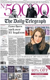 The Daily Telegraph () Newspaper Front Page for 25 February 2016