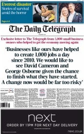 The Daily Telegraph () Newspaper Front Page for 27 April 2015
