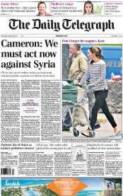 The Daily Telegraph () Newspaper Front Page for 28 August 2013