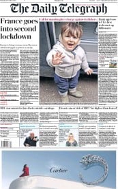 The Daily Telegraph () Newspaper Front Page for 29 October 2020
