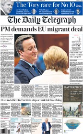 The Daily Telegraph () Newspaper Front Page for 29 June 2016
