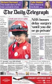 The Daily Telegraph () Newspaper Front Page for 29 July 2011