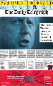 The Daily Telegraph () Newspaper Front Page for 29 August 2019