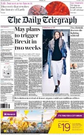 The Daily Telegraph () Newspaper Front Page for 2 March 2017