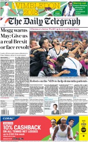 The Daily Telegraph () Newspaper Front Page for 2 July 2018