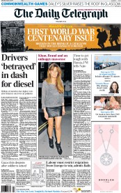The Daily Telegraph () Newspaper Front Page for 2 August 2014