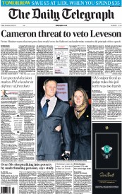 The Daily Telegraph () Newspaper Front Page for 30 November 2012