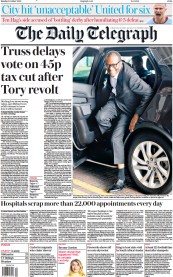 The Daily Telegraph () Newspaper Front Page for 3 October 2022