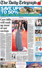 The Daily Telegraph () Newspaper Front Page for 3 November 2012