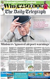 The Daily Telegraph () Newspaper Front Page for 3 August 2017