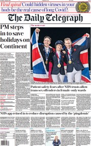 The Daily Telegraph () Newspaper Front Page for 3 August 2021