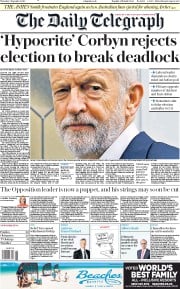 The Daily Telegraph () Newspaper Front Page for 5 September 2019