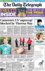 The Daily Telegraph () Newspaper Front Page for 6 August 2011