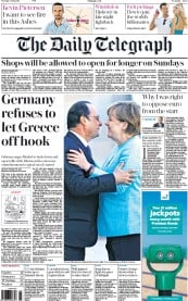 The Daily Telegraph () Newspaper Front Page for 7 July 2015