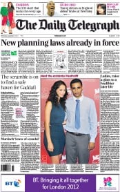 The Daily Telegraph () Newspaper Front Page for 7 September 2011