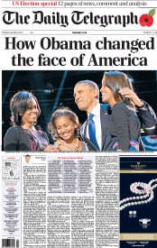 The Daily Telegraph () Newspaper Front Page for 8 November 2012