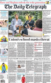 The Daily Telegraph () Newspaper Front Page for 8 March 2021