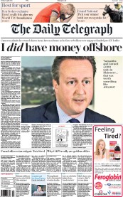 The Daily Telegraph () Newspaper Front Page for 8 April 2016