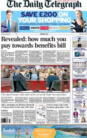 The Daily Telegraph () Newspaper Front Page for 8 June 2013