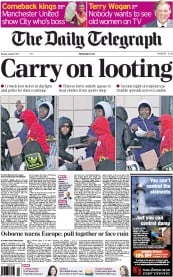 The Daily Telegraph () Newspaper Front Page for 8 August 2011