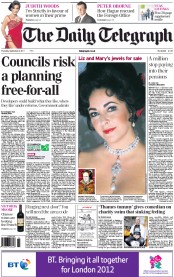 The Daily Telegraph () Newspaper Front Page for 8 September 2011