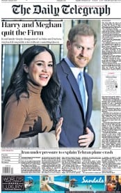 The Daily Telegraph () Newspaper Front Page for 9 January 2020