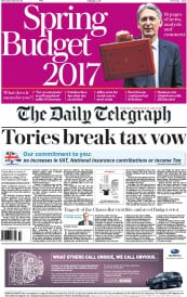 The Daily Telegraph () Newspaper Front Page for 9 March 2017