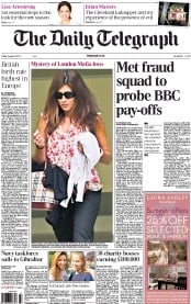 The Daily Telegraph () Newspaper Front Page for 9 August 2013