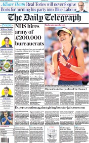 The Daily Telegraph () Newspaper Front Page for 9 September 2021