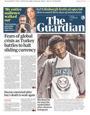 The Guardian () Newspaper Front Page for 14 August 2018