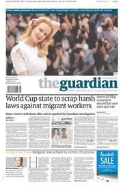 The Guardian () Newspaper Front Page for 15 May 2014