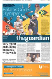 The Guardian () Newspaper Front Page for 18 August 2016