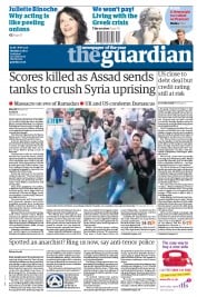 The Guardian () Newspaper Front Page for 1 August 2011