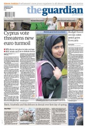The Guardian () Newspaper Front Page for 20 March 2013