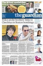 The Guardian () Newspaper Front Page for 20 April 2013