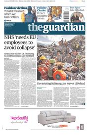 The Guardian () Newspaper Front Page for 25 August 2016