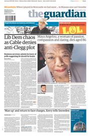 The Guardian () Newspaper Front Page for 29 May 2014
